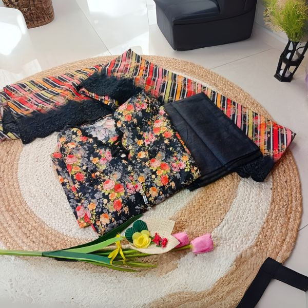 Ladies  threepiece Floral print neck design with lace and beads.